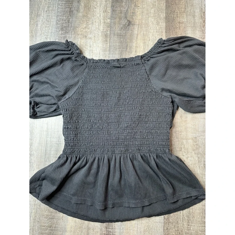 Old Navy Womens Black Smocked Peplum Top Puff Sleeve Square Neck Gauze Large